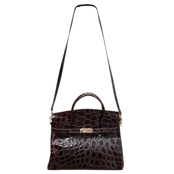 Elegant Crocodile Embossed Brown Handbag - Picture 2 of 6